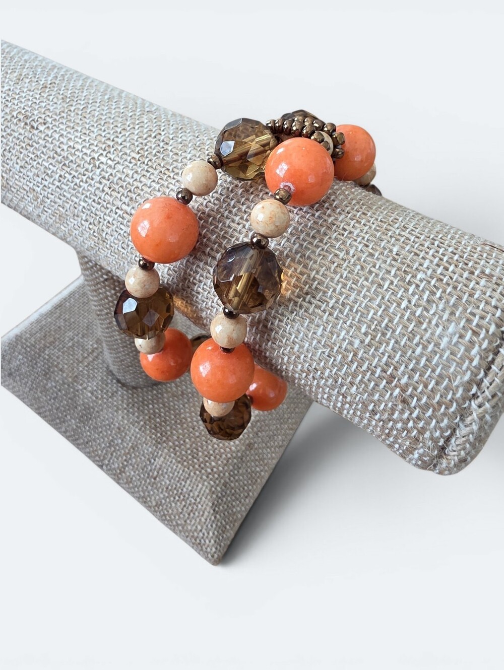 Boho Orange & Brown Beaded Multi-Row Stretch Bracelet Lightweight